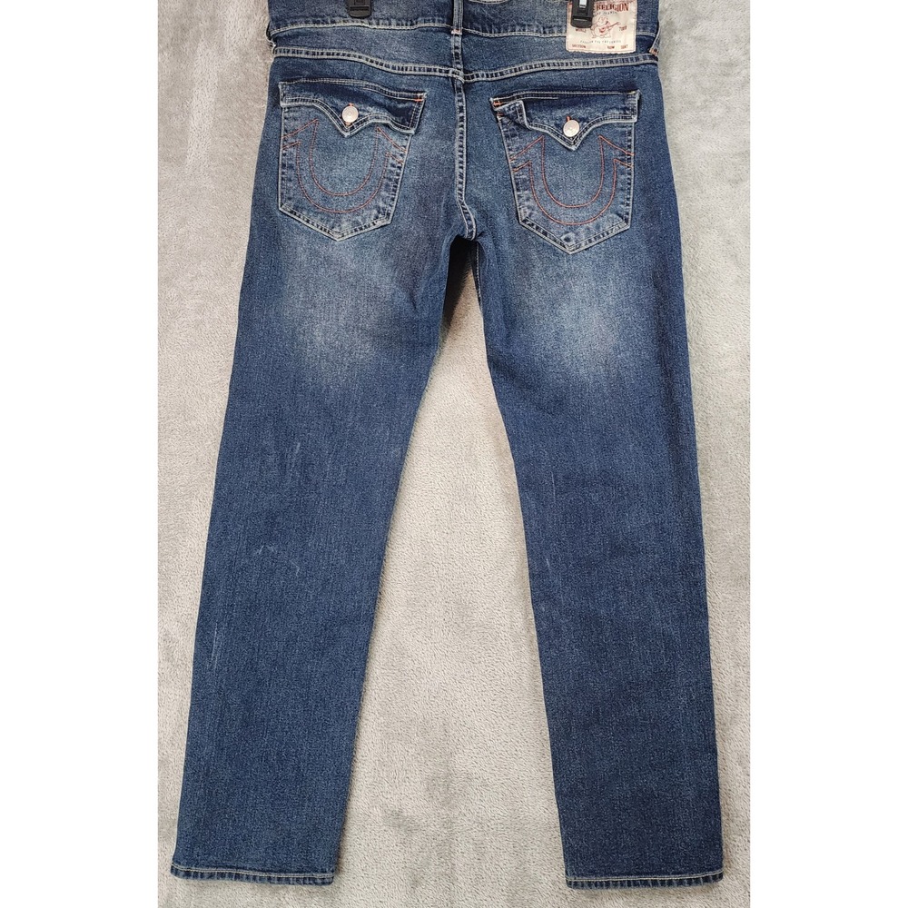 True Religion Geno Jeans Mens Size 34 Bue Relaxed Slim Horseshoe Flap Stretch